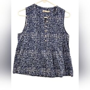 Faherty SZ S Navy Blue White Sleeveless Boxy 3/4 Button Up No Collar Top
